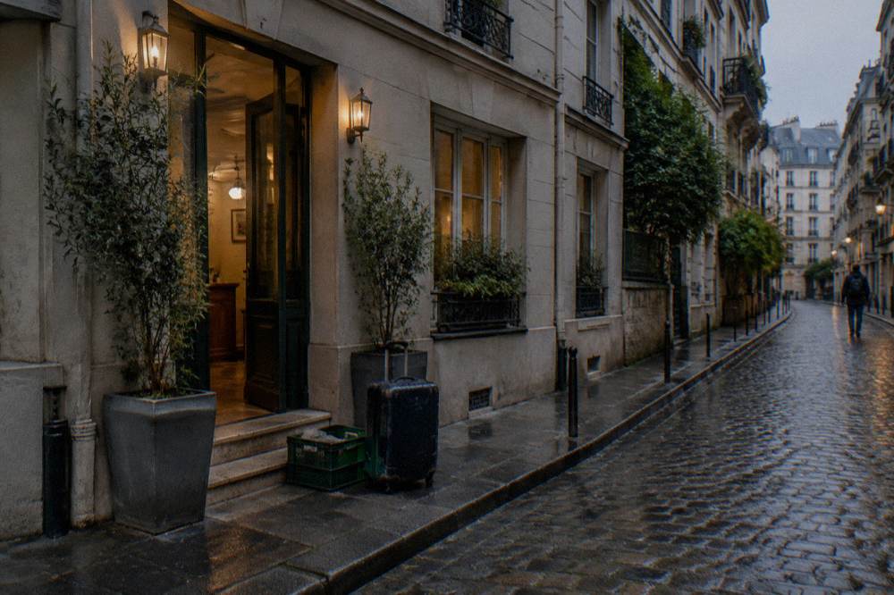 Narrow Paris street with a hostel entrance and bikes leaning by the door