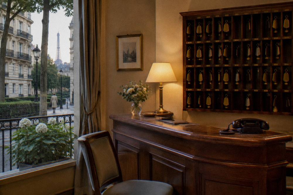 A reception desk in a small Paris hotel with room keys on a board