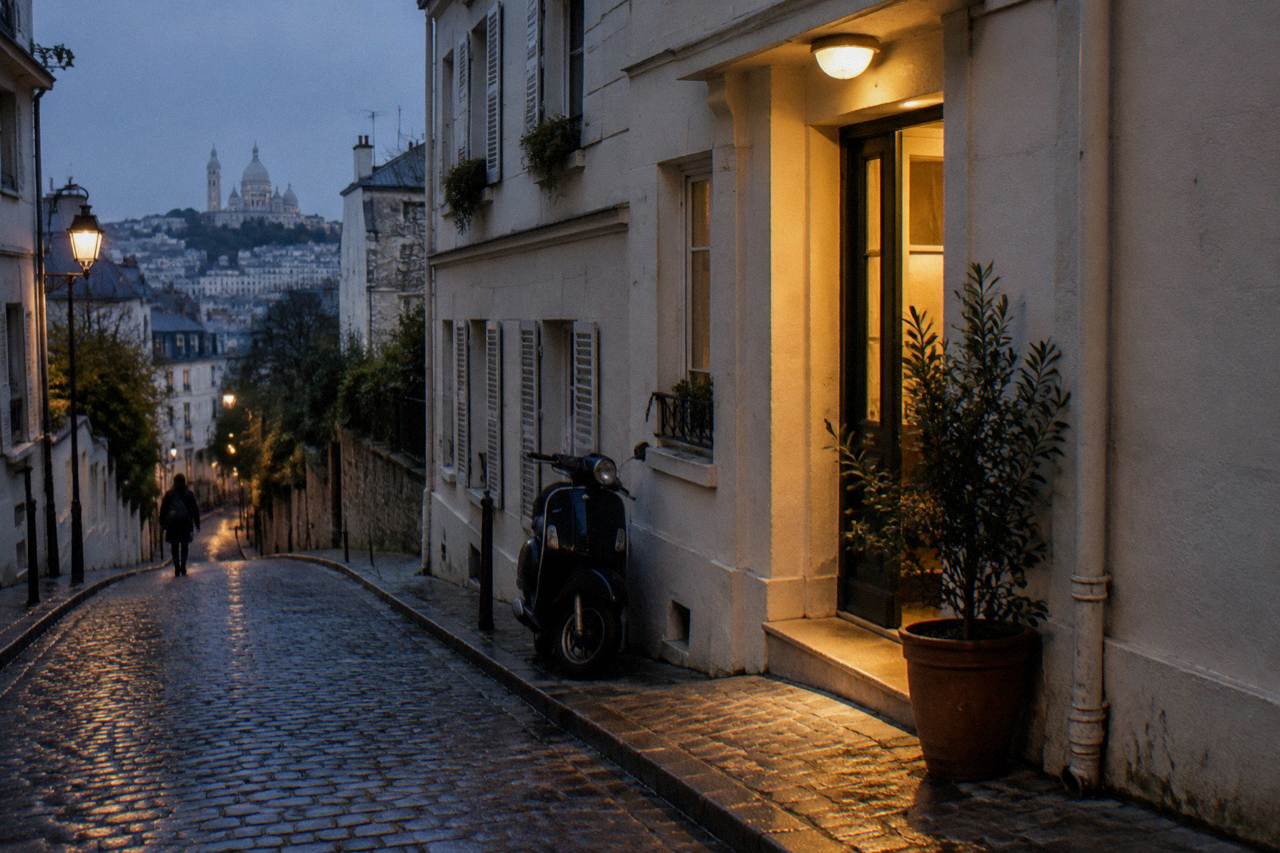A narrow Paris street at dusk with a lit hotel sign above a doorway
