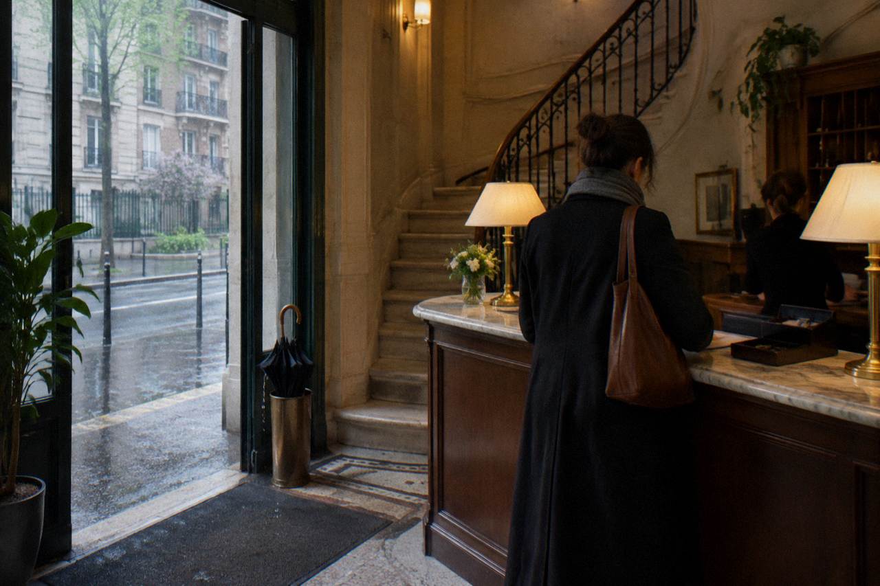 Hotel reception desk in Paris with a guest checking in