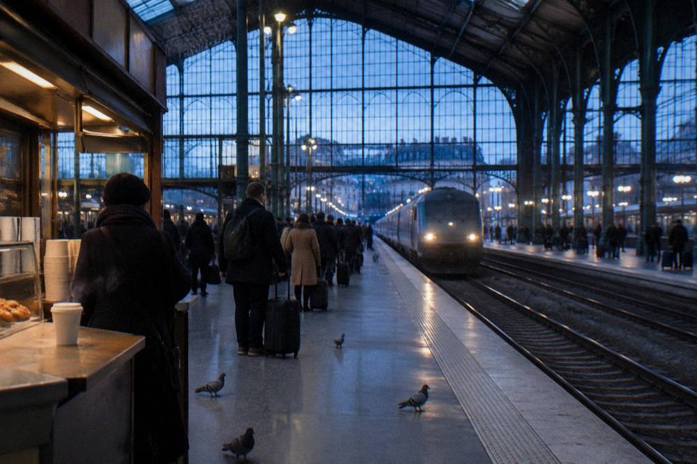 Signage above a Paris railway platform with departure boards and passengers with luggage