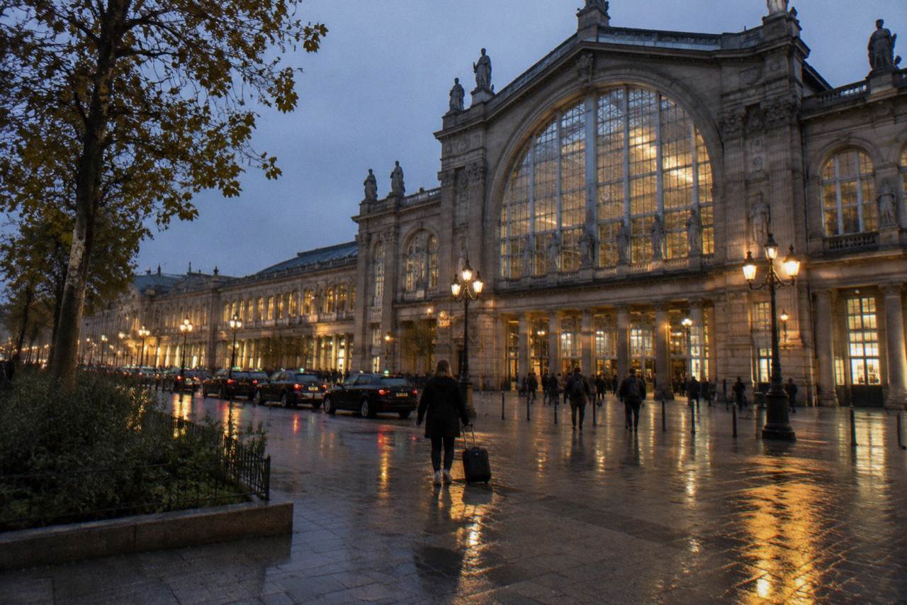 Evening view of the facade and platforms of a large Paris railway station with taxis waiting outside