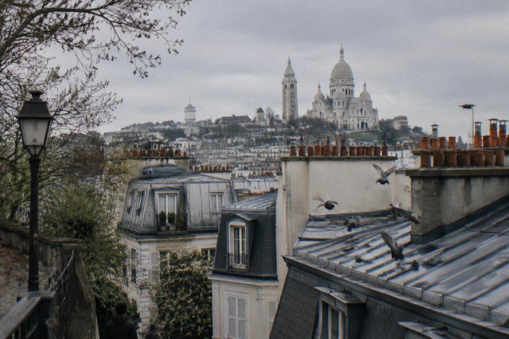 A view over Paris rooftops with chimneys and distant dome under an overcast sky