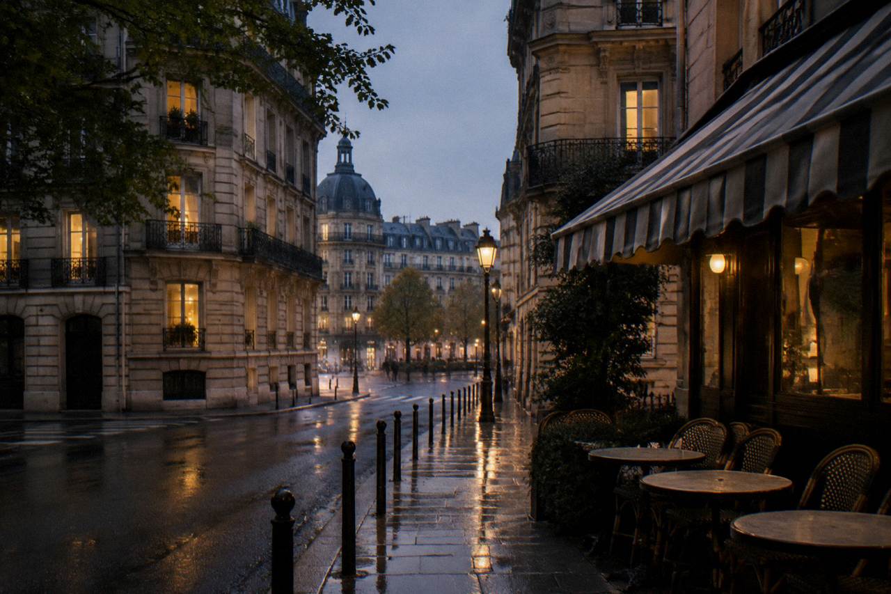 A quiet Paris street at dusk with lit windows and a cafe awning