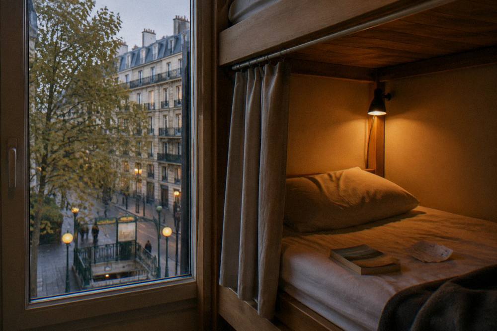 Wooden bunk bed with a personal reading light and privacy curtain in a hostel dorm