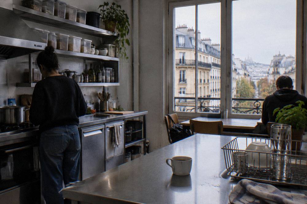 Shared kitchen in a Paris hostel with guests' food labelled on shelves