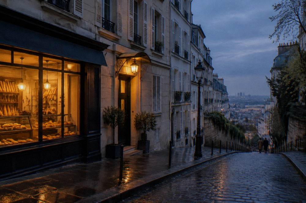 Paris street at dusk with hostel and hotel signs above adjacent doorways