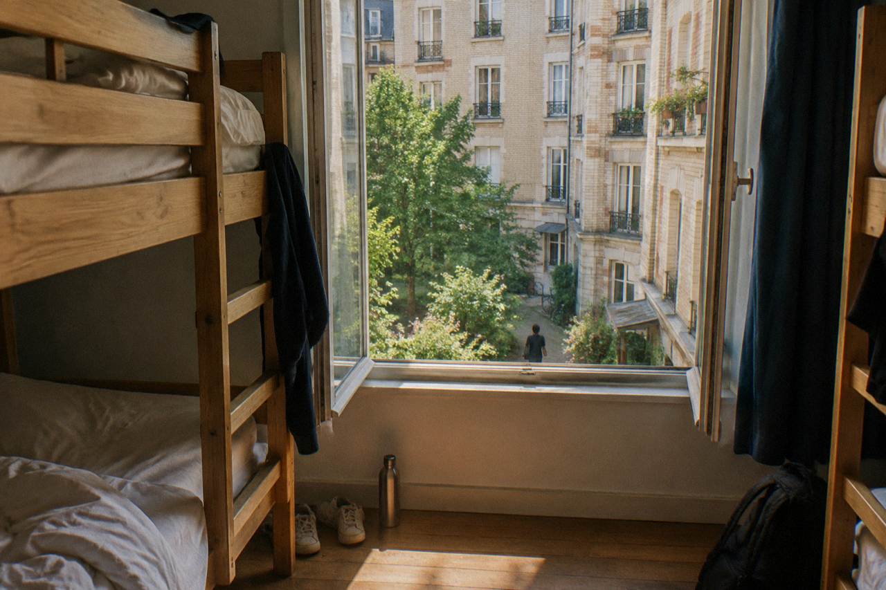 Bunk beds in a bright Paris hostel dorm room with a window onto a courtyard