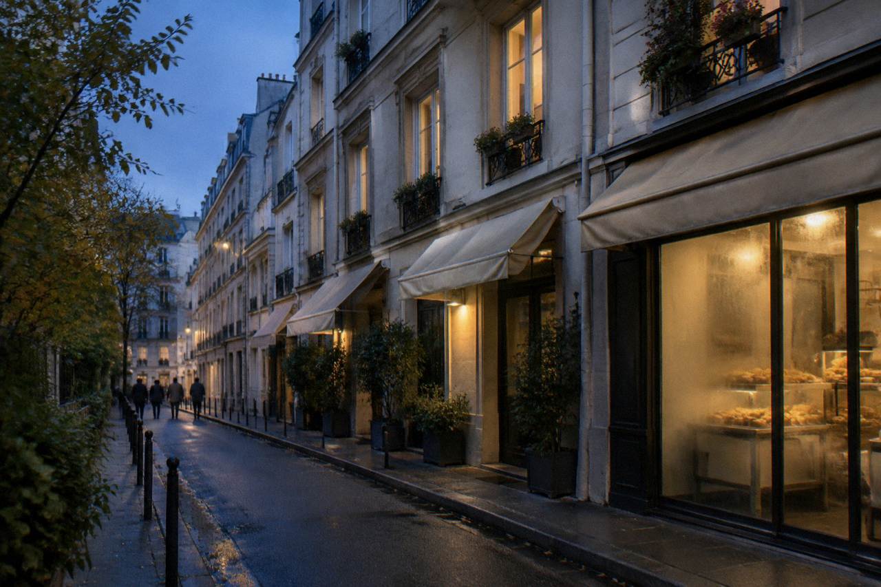 A narrow Paris street at dusk with a small hotel entrance lit between storefronts