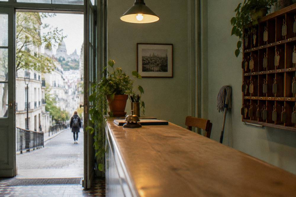 A reception desk in a small Paris hostel with a wooden counter and room keys