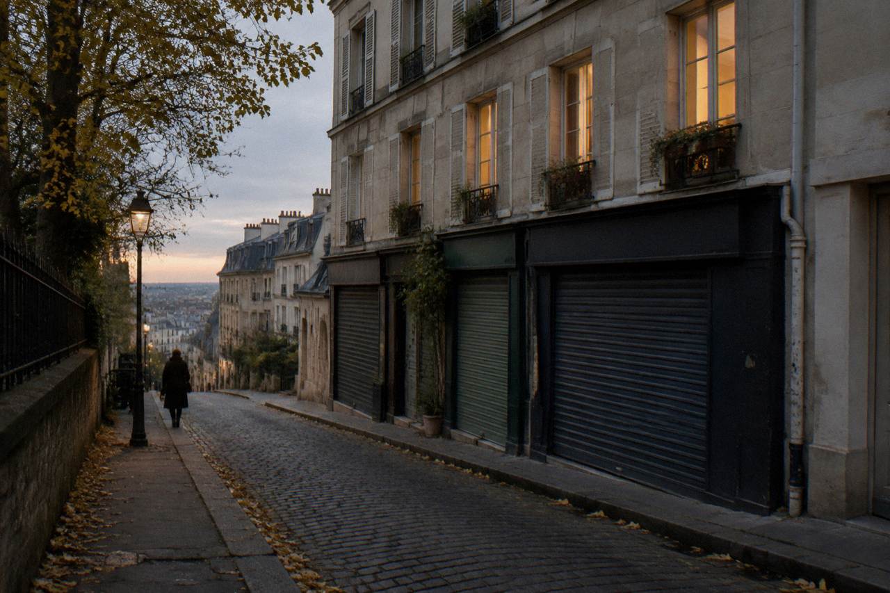 A quiet Paris street at dusk with lit windows above small shopfronts
