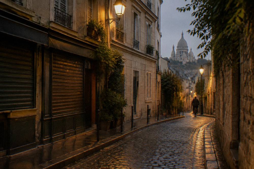 A narrow Paris street at dusk with lamplit stone facades and a bicycle leaning against a wall