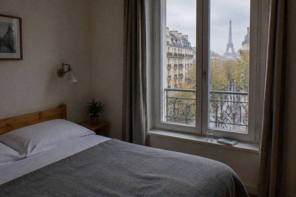 A small clean budget hotel double room with a window and simple furnishings
