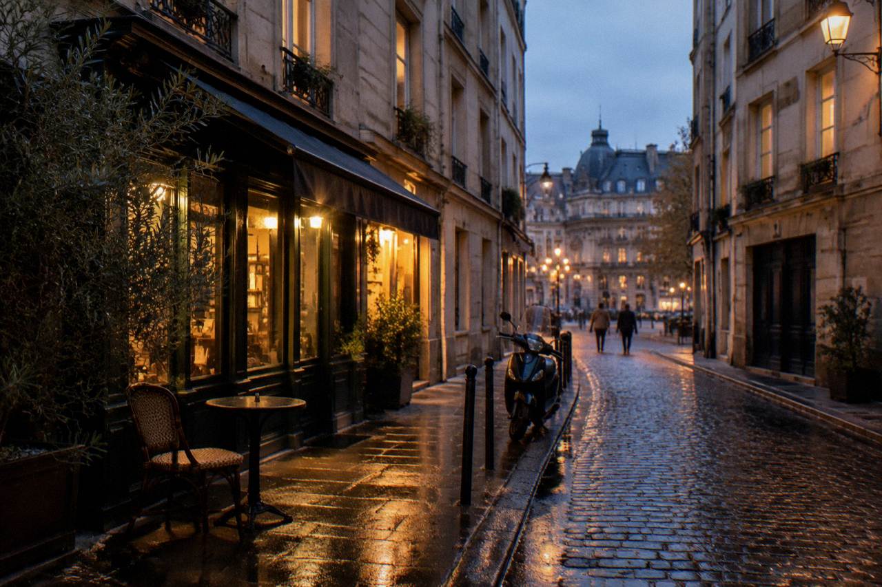 A narrow Paris street at dusk with lit shopfronts and residential windows above