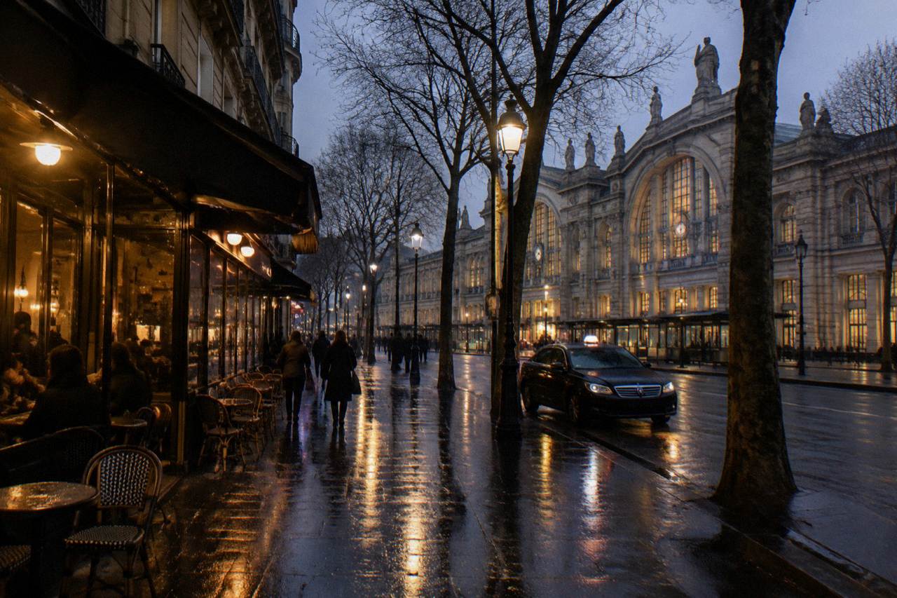 Evening view of a wide Paris boulevard outside a large stone railway station with lit facades and wet pavement