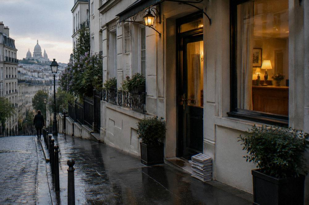 Small hotel entrance with a lit reception window on a Paris street in the evening