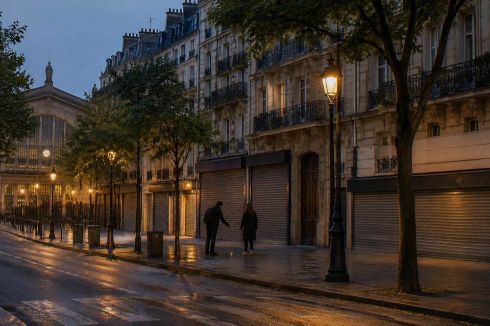 Lit boulevard in Paris at night with a few pedestrians walking beside closed shops