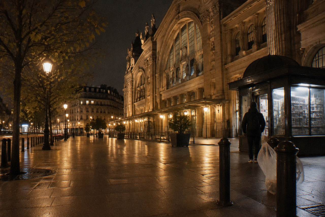 Empty street outside a large Paris railway station after dark, lit by street lamps