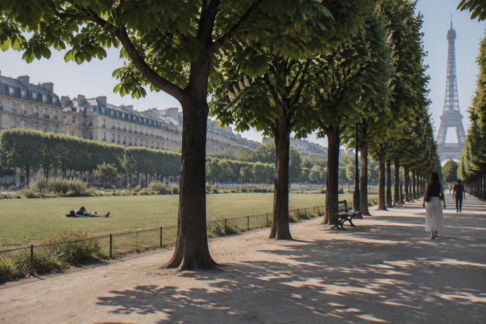 Haussmann apartment buildings on a tree-lined Paris street near the Champ de Mars