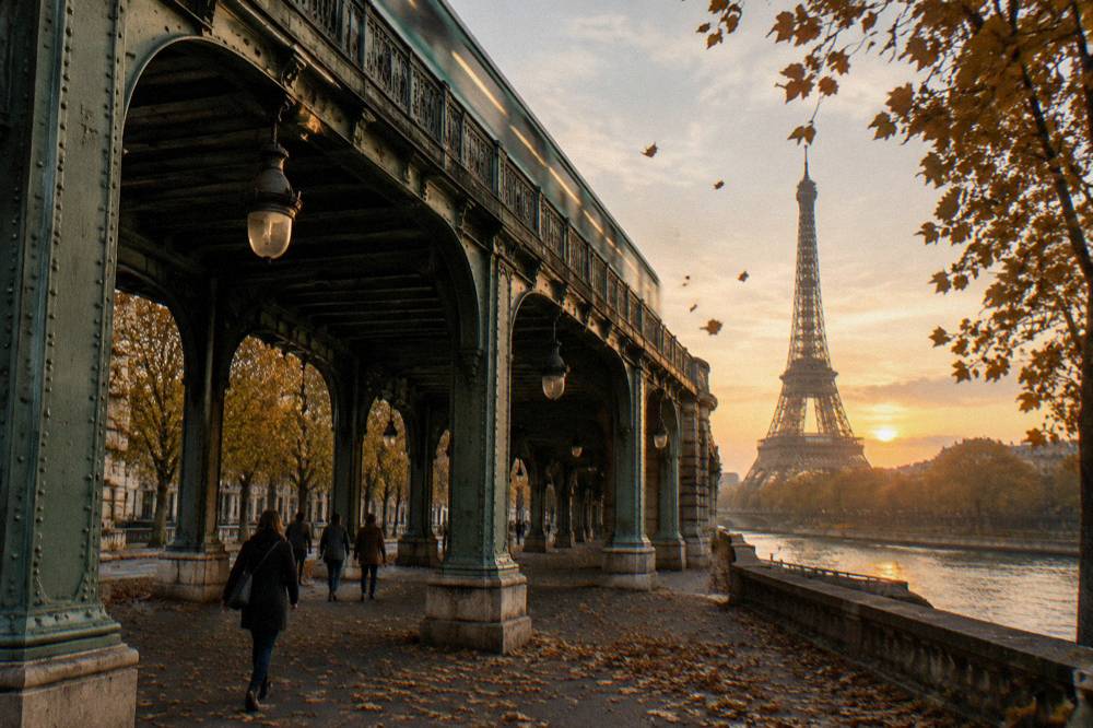 An elevated metro viaduct in Paris with the Eiffel Tower visible in the distance