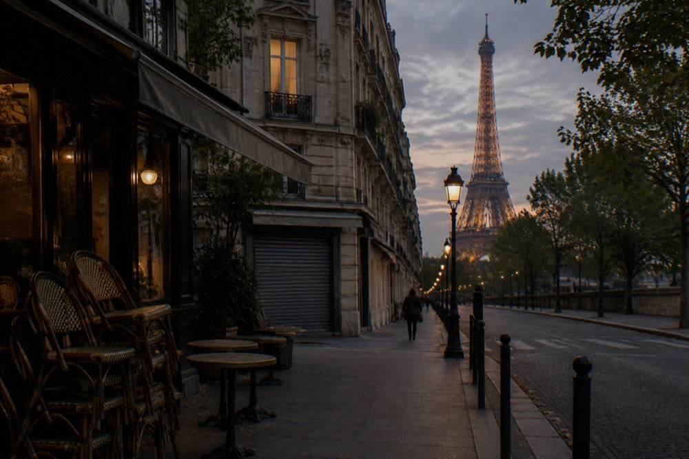 A quiet residential Paris street with café terraces and stone facades in early evening