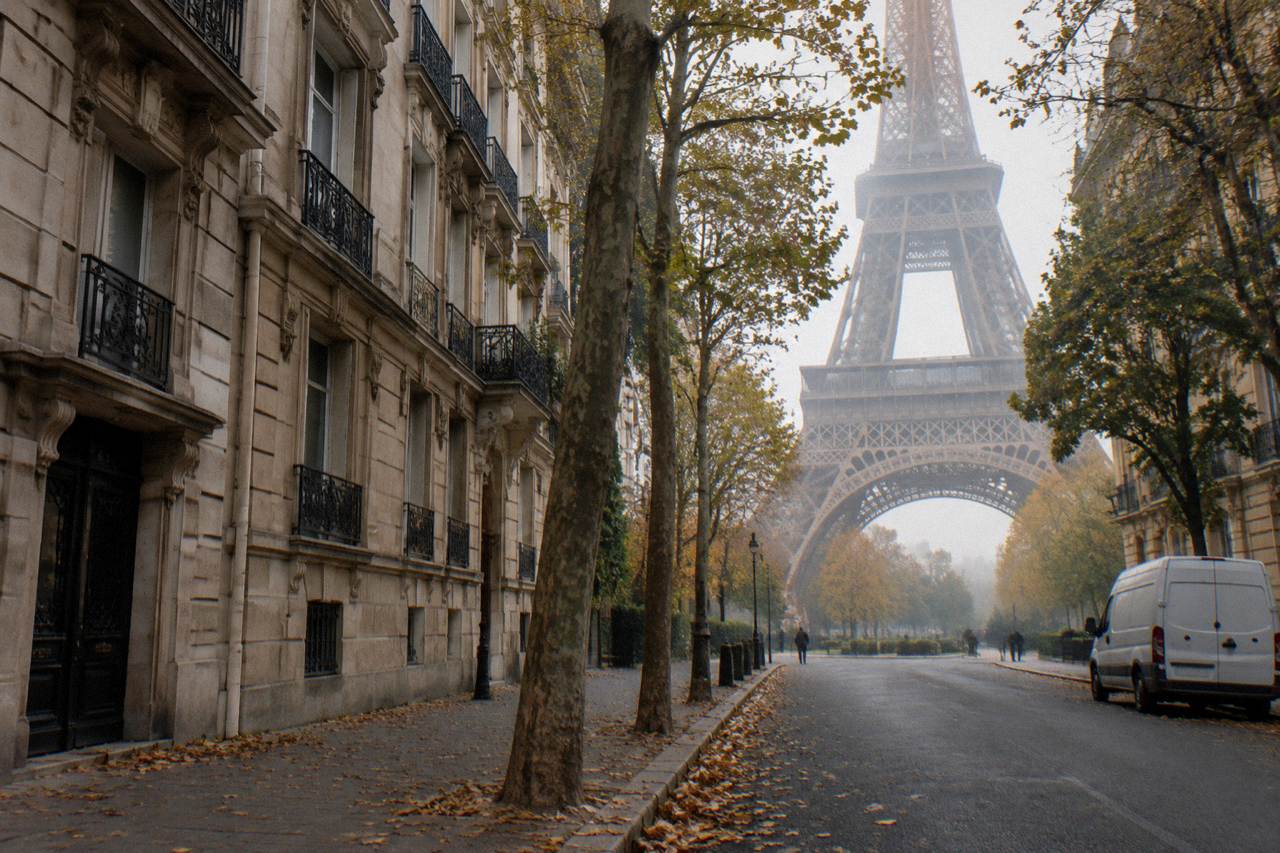 A quiet Parisian street with Haussmann buildings and trees in soft morning light