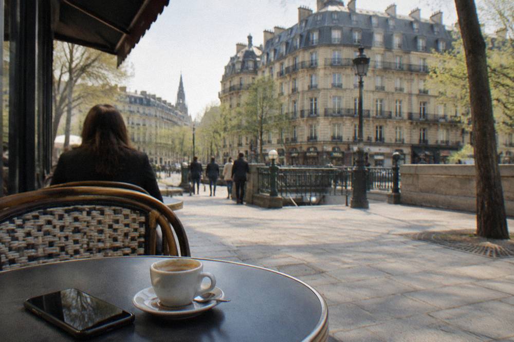 A traveller comparing room prices on a phone at a cafe table on a Paris sidewalk