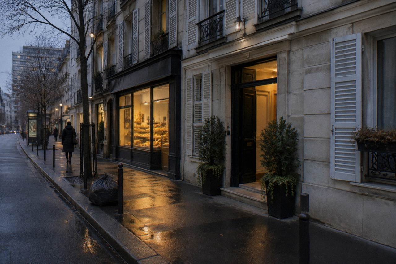 A quiet Paris street at dusk with a small hotel entrance lit beside a bakery
