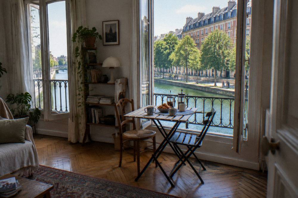 A Paris apartment interior with tall windows and a folding dining table set for two