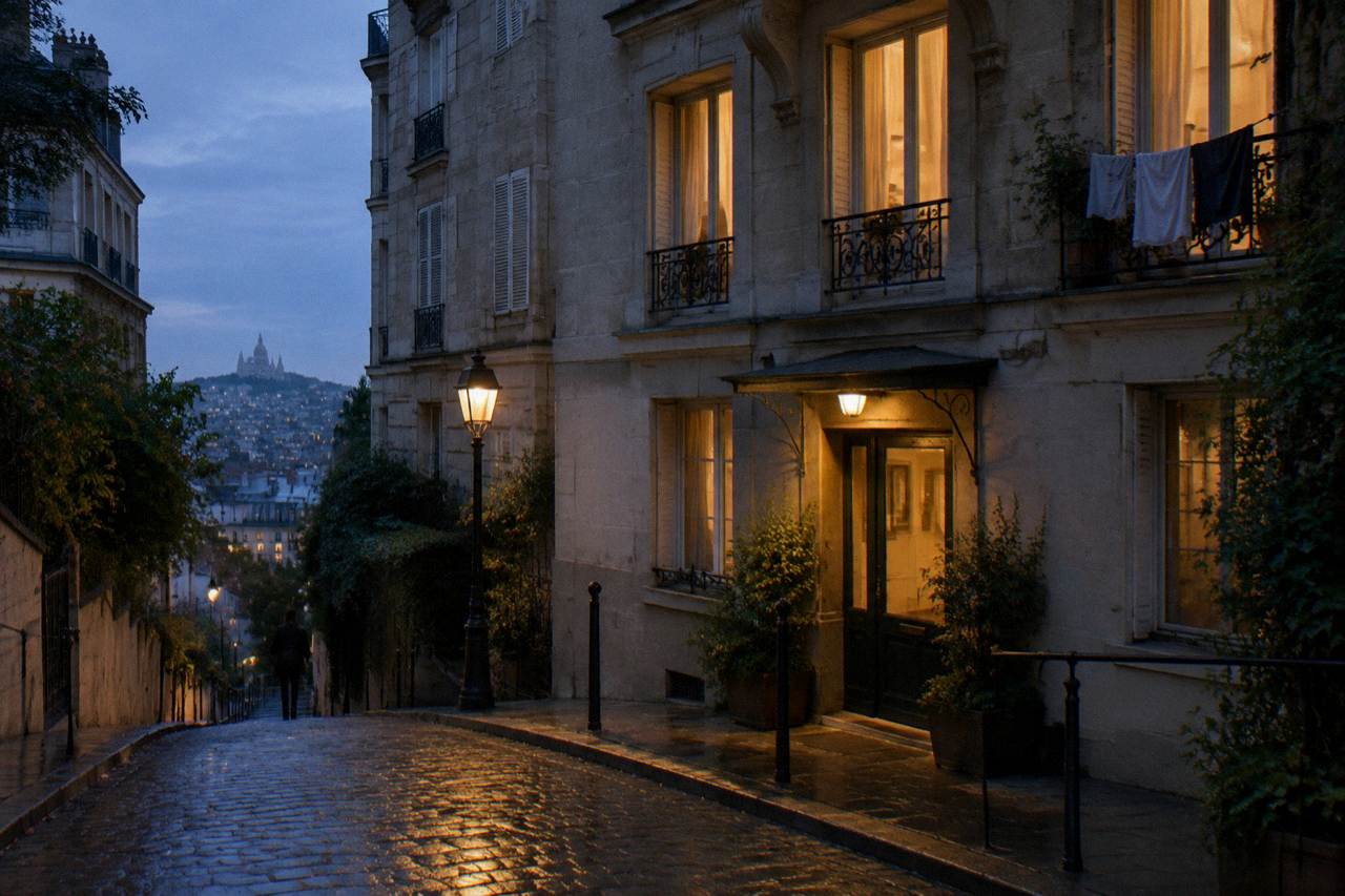 A quiet Paris street at dusk with apartment windows lit above a small hotel entrance