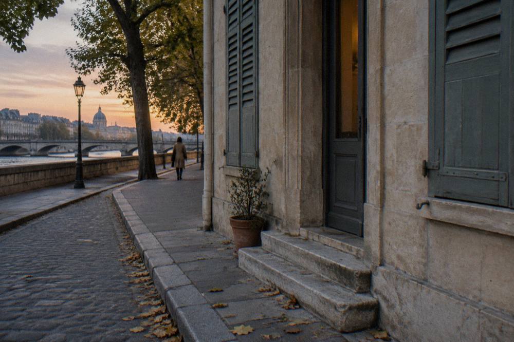 A small independent Paris hotel entrance on a narrow street with shutters and worn stone