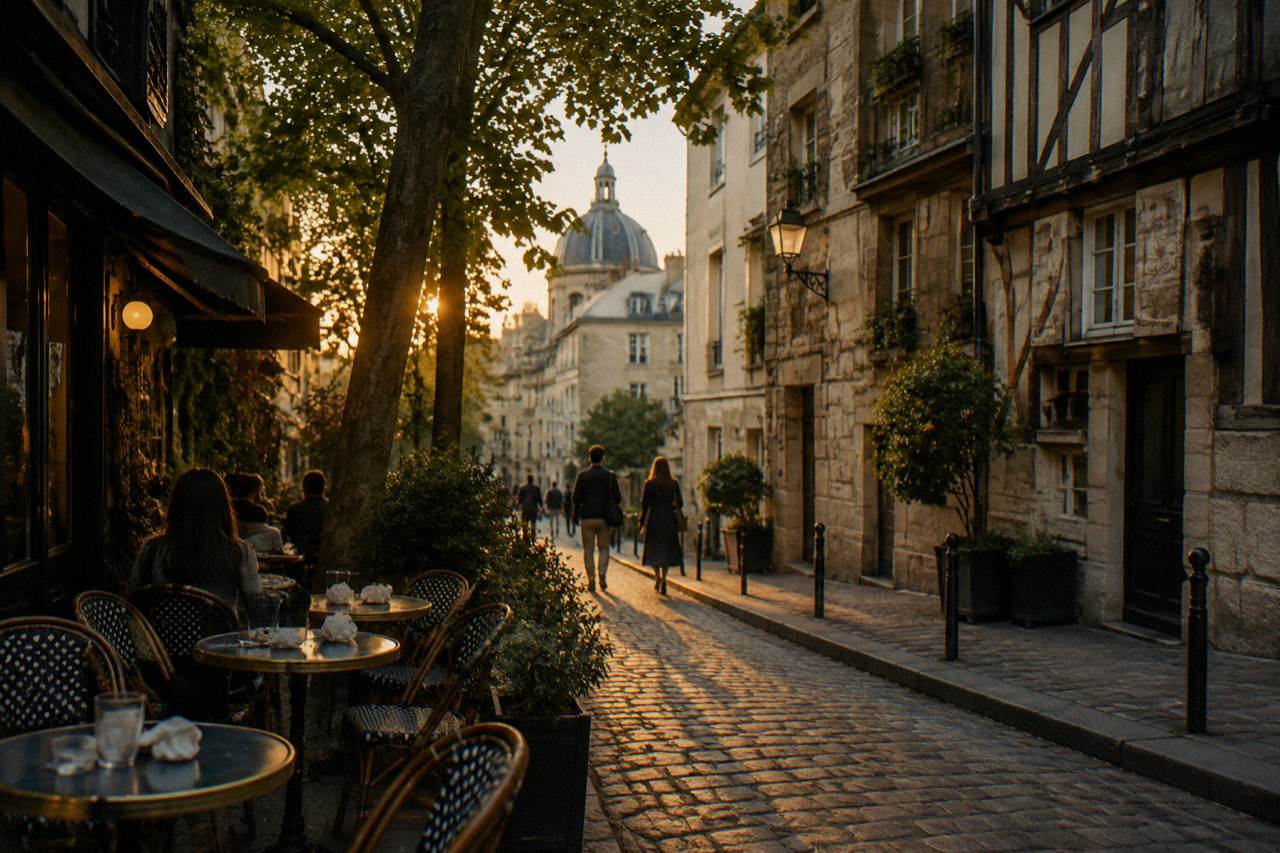 A narrow Paris street with old stone buildings and a cafe terrace in the evening
