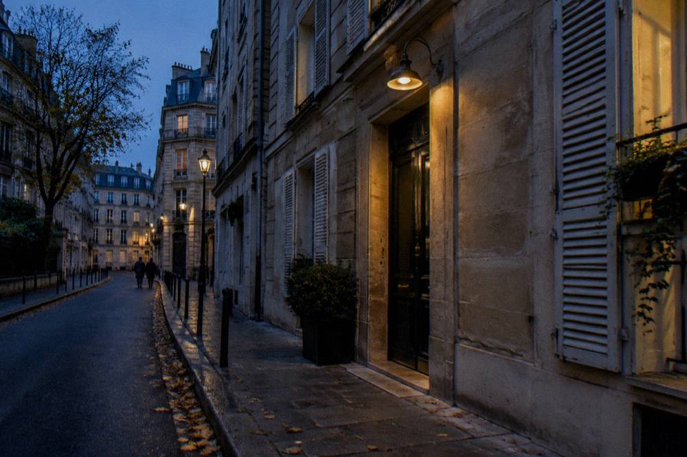 Narrow Paris street with stone facades and shuttered windows in the evening