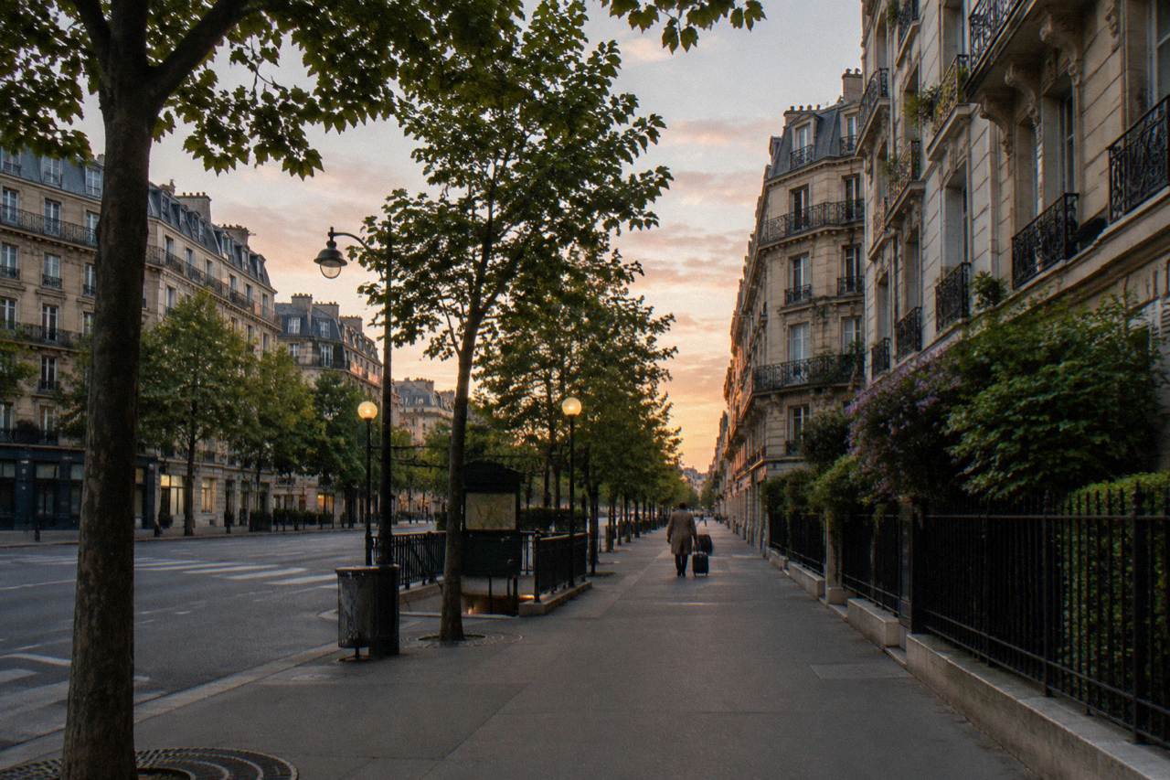 Haussmann-style apartment buildings along a quiet Paris street at dusk