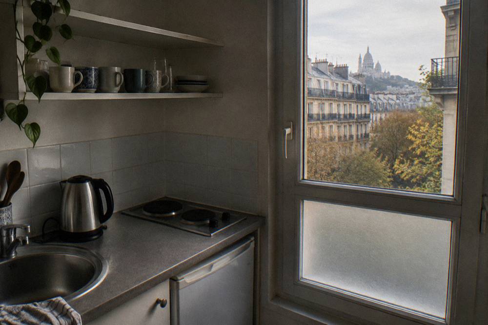 A small kitchenette corner in a Paris apartment hotel with a kettle, hob and shelf of mugs