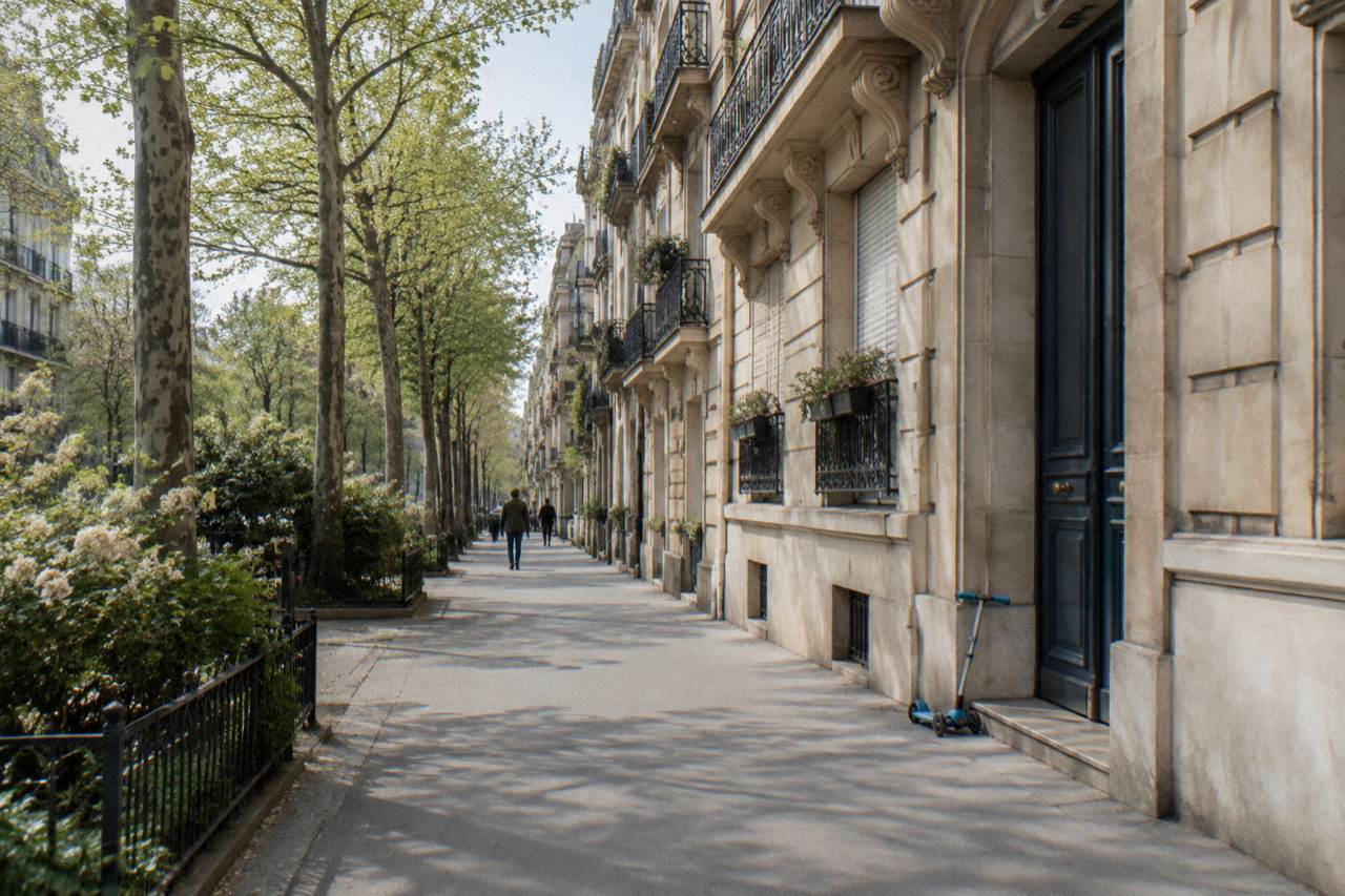 A calm Parisian side street with wide pavements and balconied apartment buildings on a bright morning