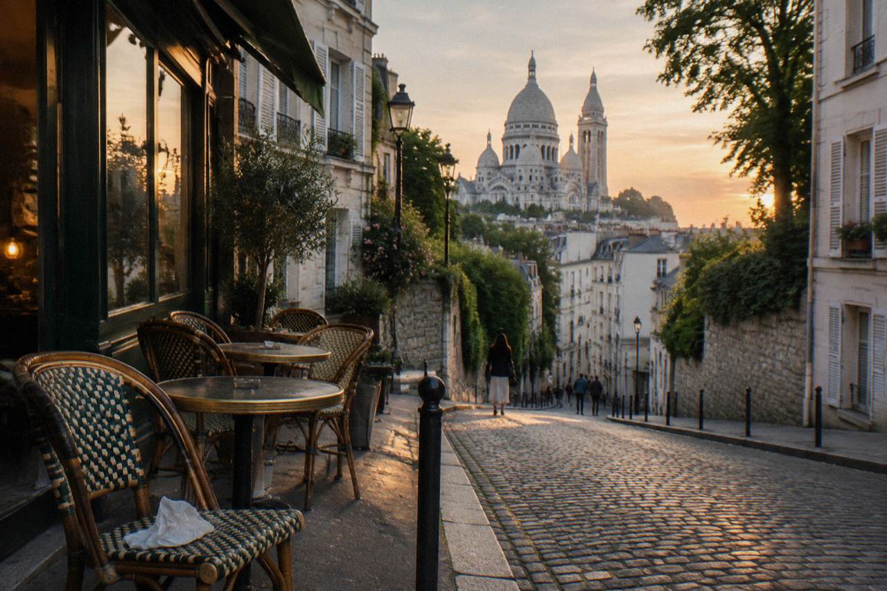Narrow sloping Paris street with stone buildings and cafe tables in the evening