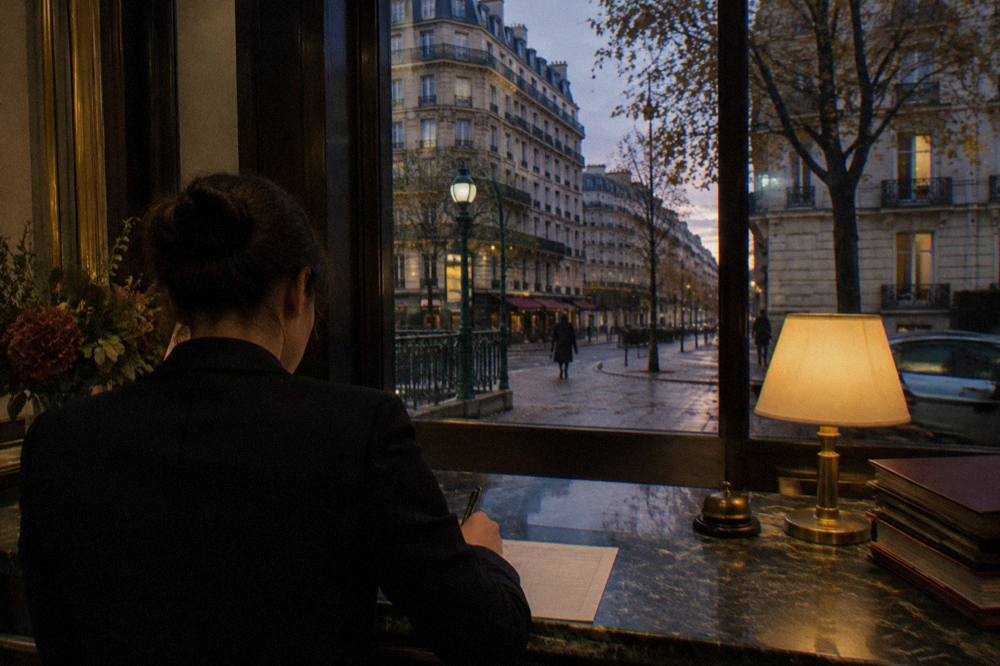 Hôtel reception window with a hand filling in a registration card