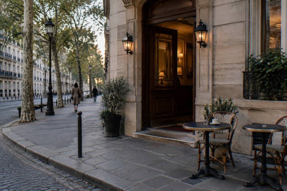 Quiet street corner in central Paris with small hotel entrance and cafe tables