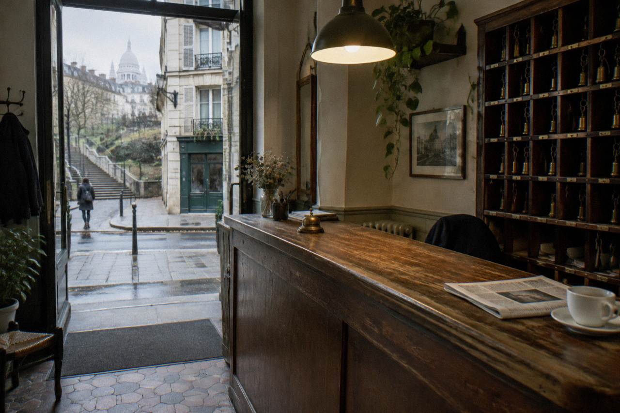 Reception desk of a small Paris hotel with a wooden counter and room keys