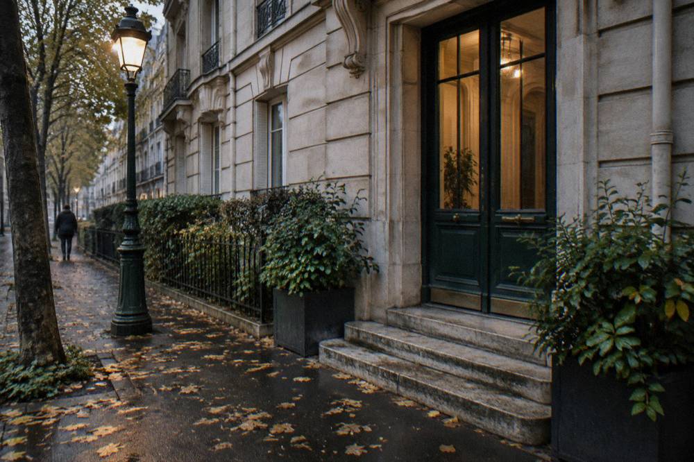 A Paris apartment building entrance with a street lamp and potted shrubs beside the door