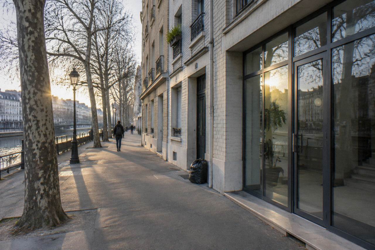 A quiet residential street in Paris with a hostel entrance beside small apartment buildings