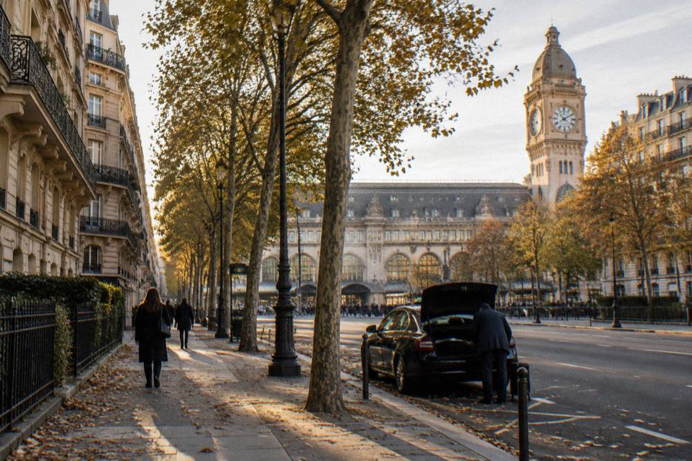 A Paris boulevard in autumn with plane trees and Haussmann buildings