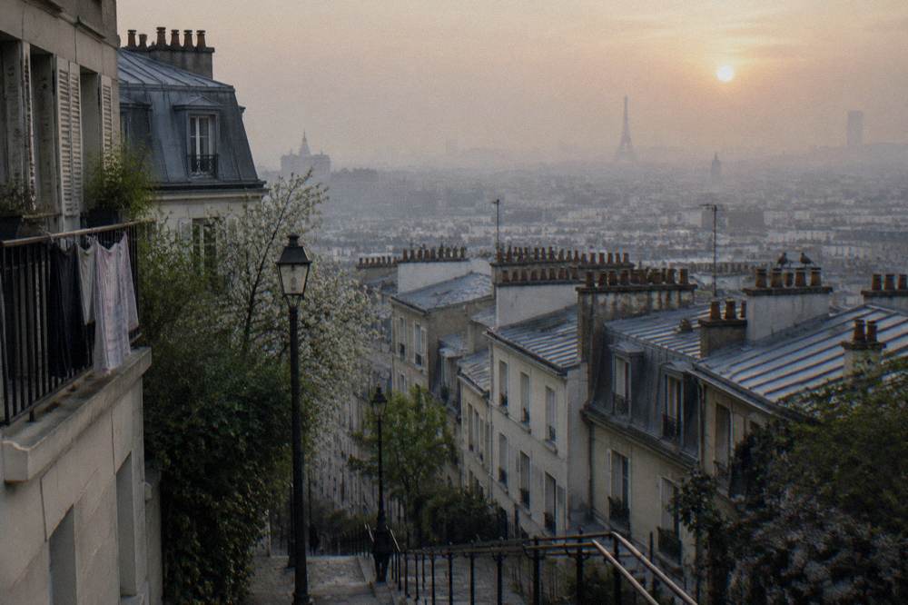 A view over Paris rooftops from a hillside street with chimneys and distant towers