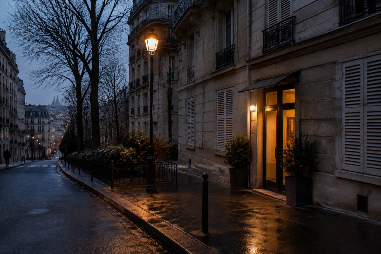 A quiet Paris street at dusk with apartment shutters and a lit hotel entrance