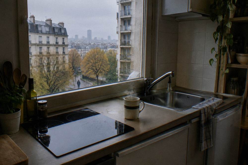 A small apartment kitchenette with two induction plates, a sink and a compact refrigerator