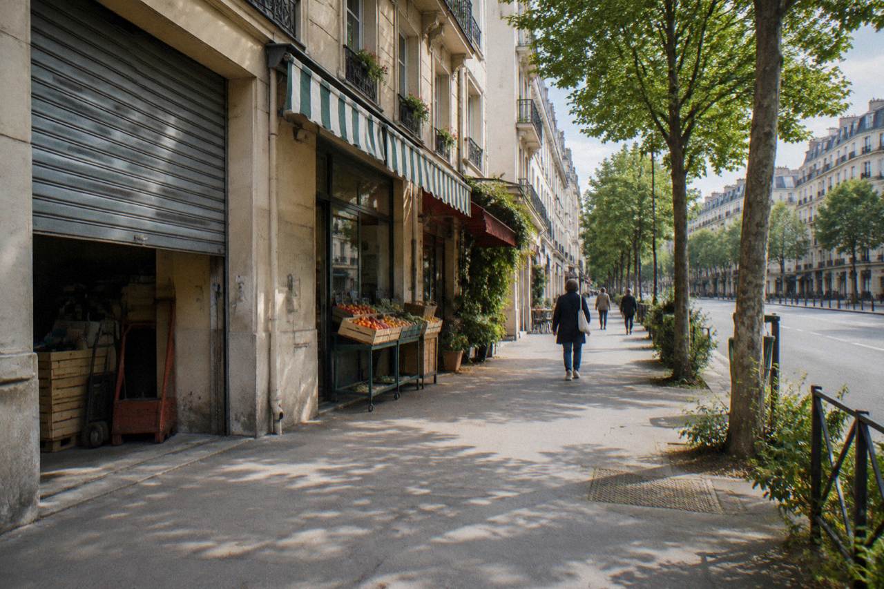 A quiet Paris residential street with wide sidewalks and apartment buildings above small shops