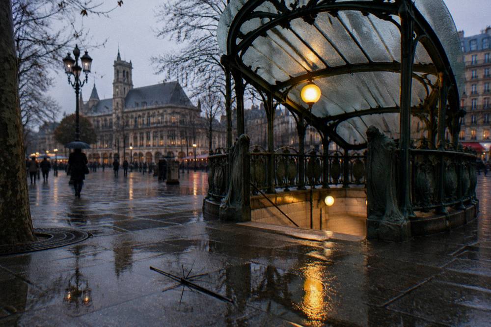 A metro station entrance in Paris with a Hector Guimard style sign above the sidewalk