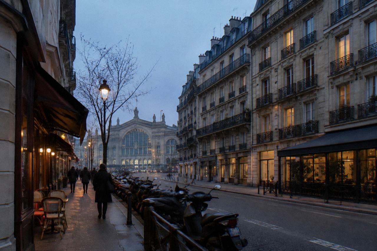 A narrow Paris street at dusk with Haussmann buildings and warm windows above small shops