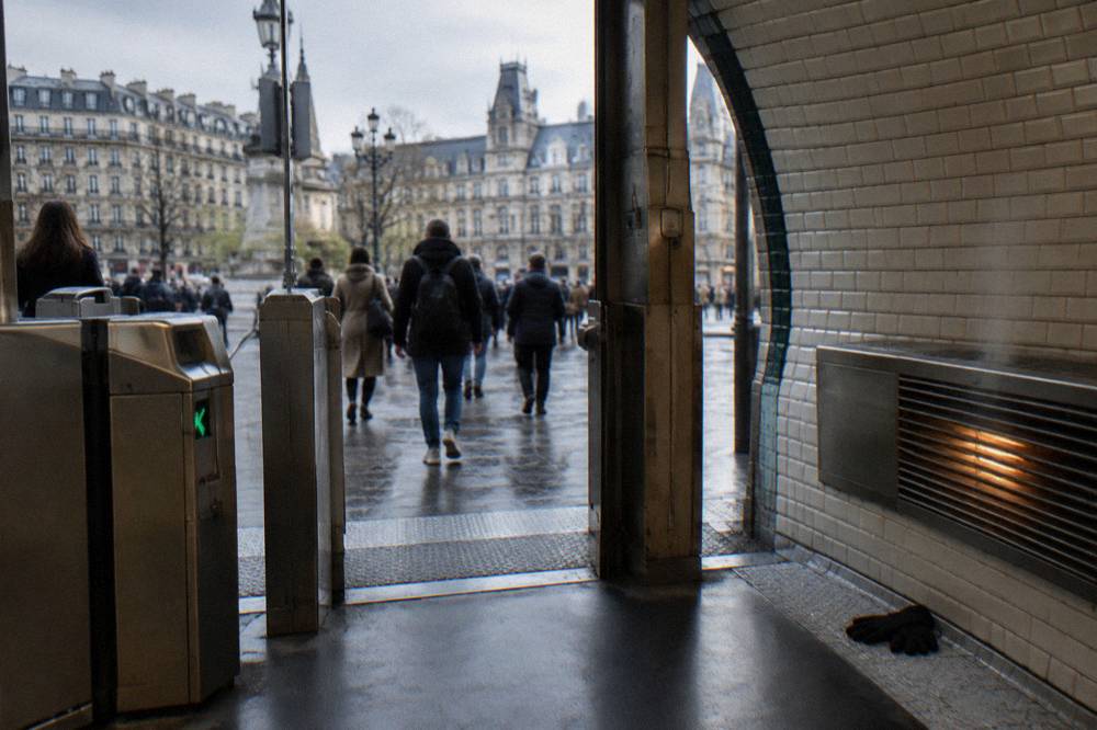 A metro station entrance in Paris with its curved sign and tiled wall